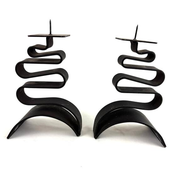 Pair Of Black Metal Vintage Abstract Swirl Candlesticks 7.5" tall Candle Holders - Picture 3 of 9